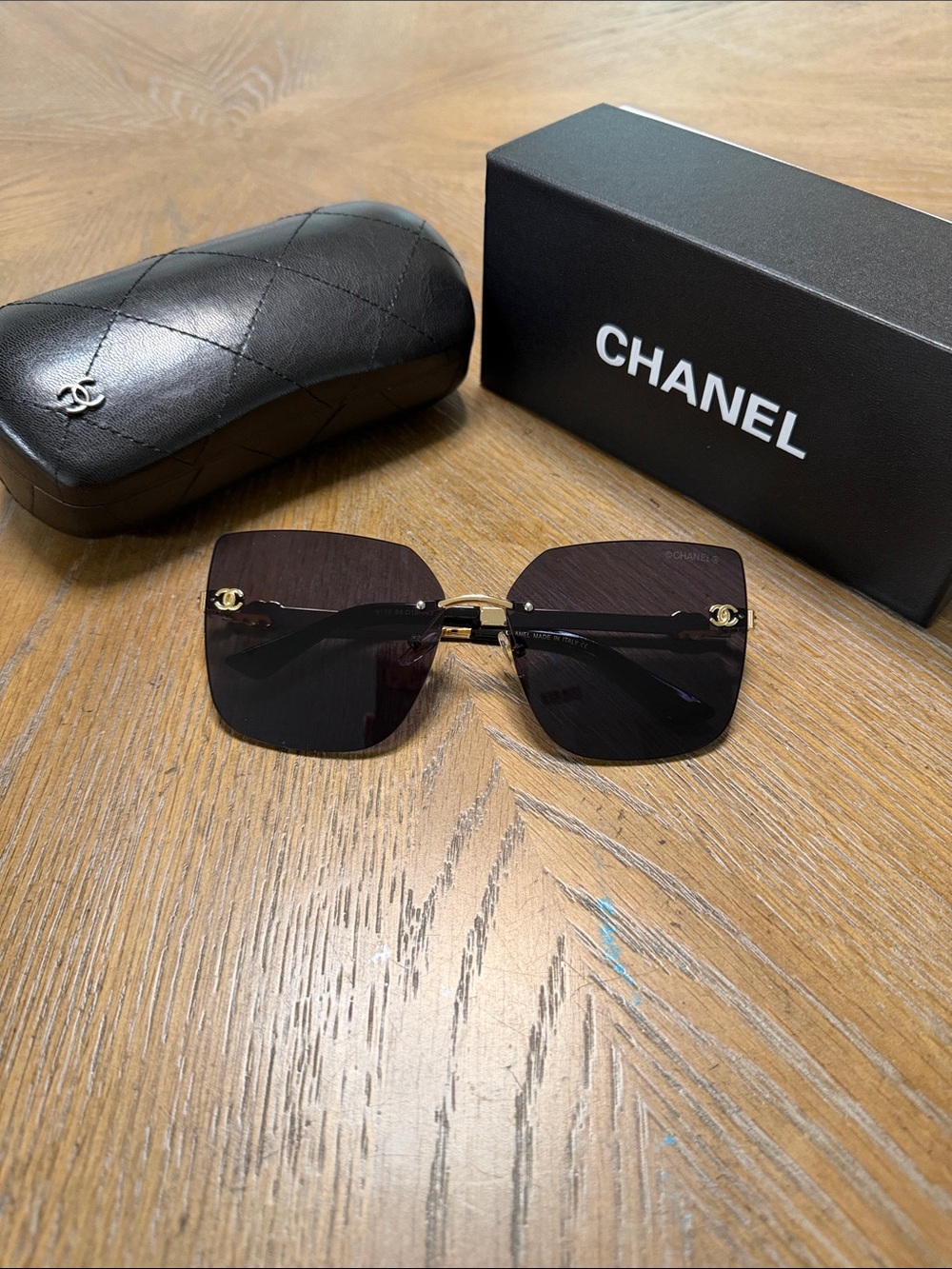 CHANEL Black Gradient Rimless Square Sunglasses with Gold Hardware